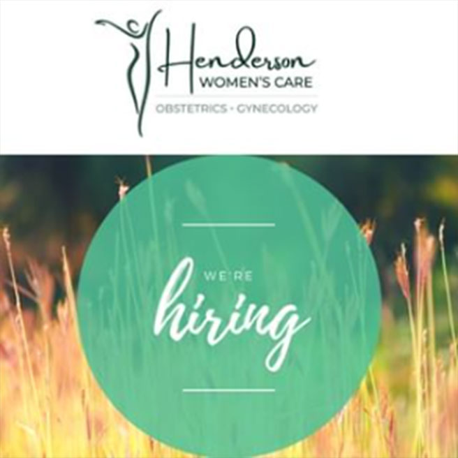 Henderson Women's Care logo on graphic with we're hiring text